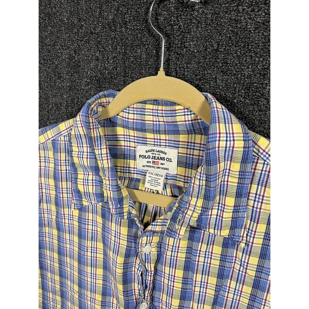 Polo Jeans Co Ralph Lauren XXL Plaid Shirt Blue Yellow Short Sleeve Cotton